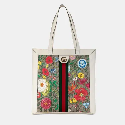 Pre-owned Gucci Gg Supreme Flora Ophidia Tote Bag In White