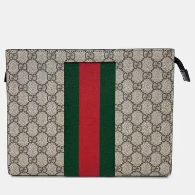 Pre-owned Gucci Gg Supreme Web Pouch In Beige