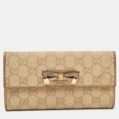 Pre-owned Gucci Gold/beige Gg Canvas And Leather Princy Continental Wallet