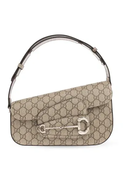 Gucci Horsebit 1955 Monogrammed Small Shoulder Bag In Beige