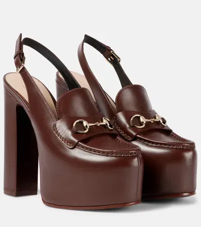 Gucci Horsebit Leather Platform Slingback Pumps In Brown