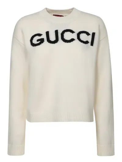 Gucci Ivory Wool Sweater With Black Logo In White