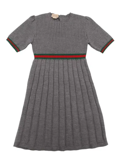 Gucci Kids' Pleated Wool Dress W/web In Gray