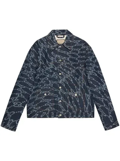 Gucci Wavy Gg-print Denim Jacket In Blue