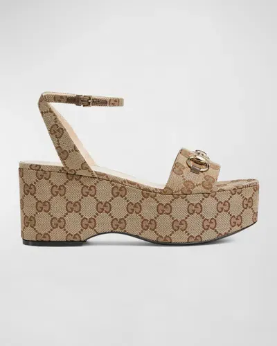 Gucci Lady Gg Canvas Bit Platform Sandals In Beige Ebony