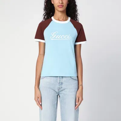 Gucci Light Blue/brown T-shirt With Logo