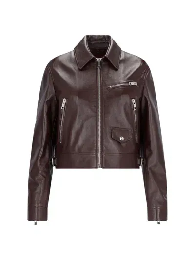 Gucci Logo Biker Jacket In Brown