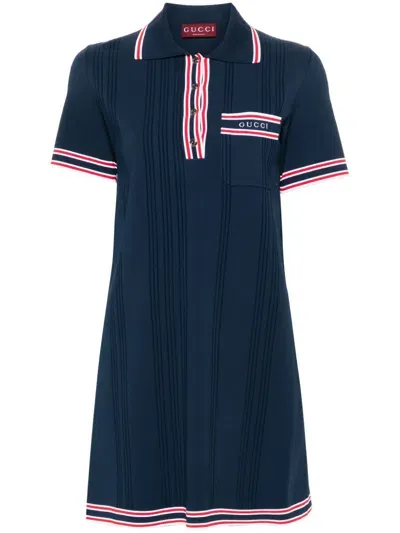 Gucci Stripe Detail Knitted Polo Dress In Blue