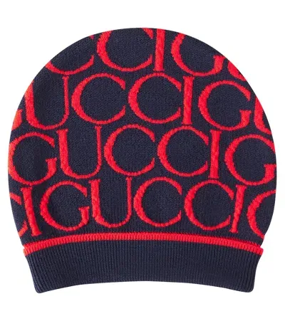 Gucci Kids' Logo Wool Jacquard Beanie In Blue