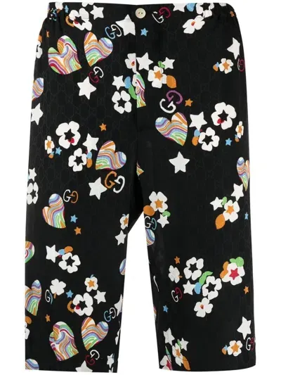 Gucci Monogram-print Knee-length Shorts In Black