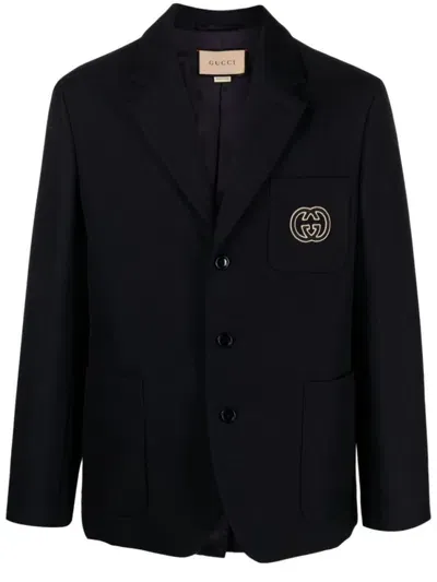 Gucci Interlocking-g-motif Padded Blazer In Navy Blue