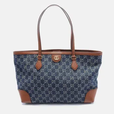 Pre-owned Gucci Navy Brown Leather Denim Medium Gg Tote Bag