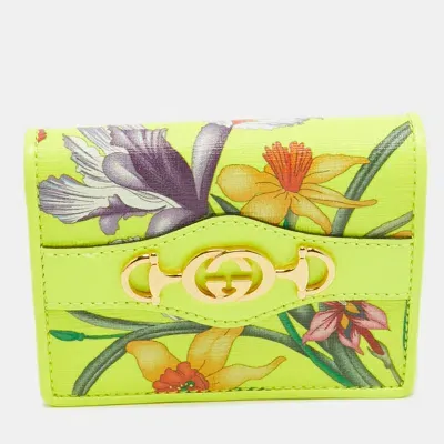 Pre-owned Gucci Neon Yellow Floral Print Canvas And Leather Zumi Card Holder