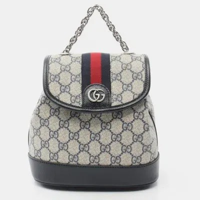 Pre-owned Gucci Offdia Gg Supreme Coated Canvas Leather White Navy Backpack In Beige