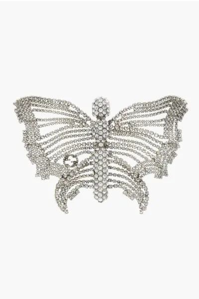 Gucci Rhinestone Maxi Butterfly-shaped Pin In Metallic