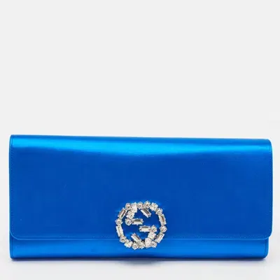 Pre-owned Gucci Royal Blue Satin Gg Crystals Broadway Clutch