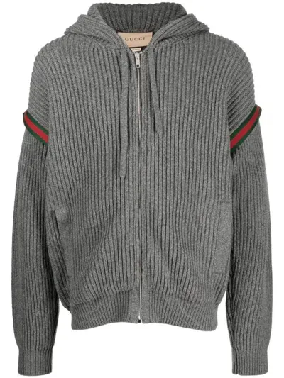 Gucci Web Ribbed Zip-up Hoodie In Grey