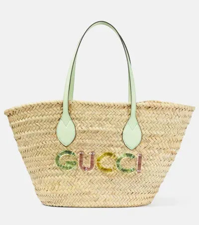 Gucci Small Logo Raffia Basket Bag In Beige