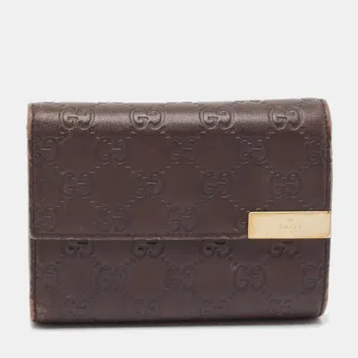 Pre-owned Gucci Ssima Leather Flap French Wallet In Brown