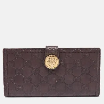 Pre-owned Gucci Ssima Leather Hysteria Continental Wallet In Brown