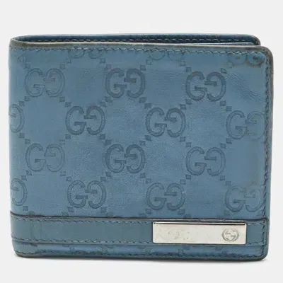 Pre-owned Gucci Ssima Leather Metal Bar Bifold Wallet In Blue