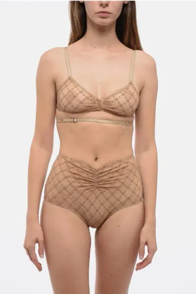 Gucci Triangle Bra And High-waisted Briefs Set In Tulle With All-o In Brown