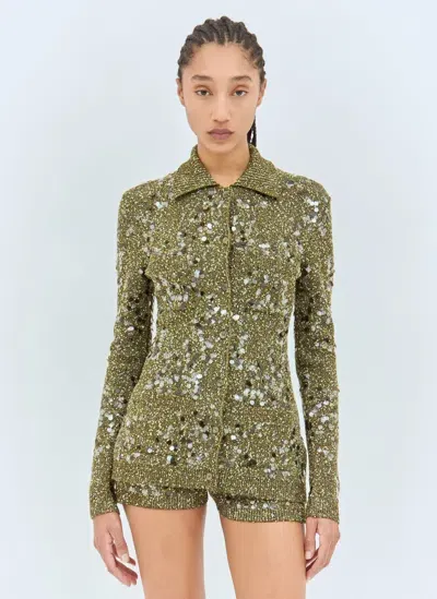 Gucci Tweed Blend Polo Cardigan In Green