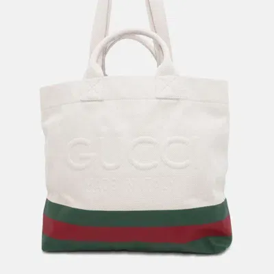 Pre-owned Gucci Web Canvas With Embossed Details Tote Bag In Green