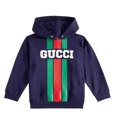 Gucci Kids'  Web Cotton Jersey Hoodie In Dark Night Sky/mc