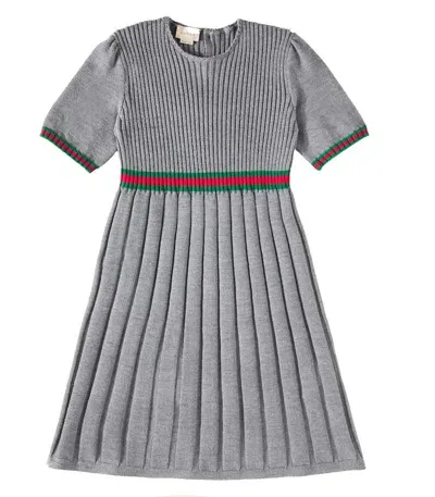 Gucci Kids' Web Stripe Pleated Wool Dress In Grey