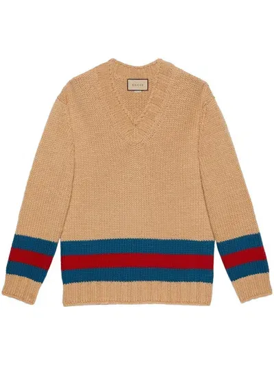 Gucci Stripe-detail V-neck Jumper In Neutrals