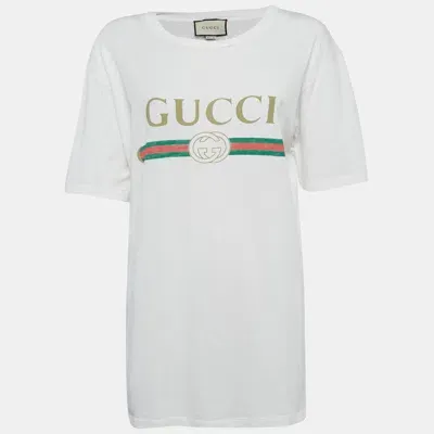 Pre-owned Gucci White Floral Embroidery Cotton Distressed Neck T-shirt Xl