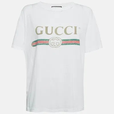 Pre-owned Gucci White Logo Print Distressed Cotton T-shirt S