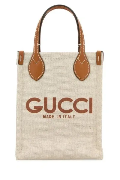 Gucci Canvas Handbag With Contrast Stitching And Top Handles In Brown