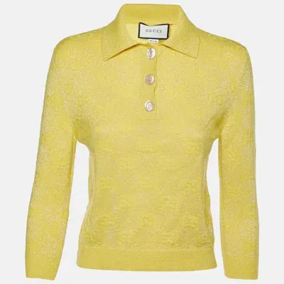 Pre-owned Gucci Yellow Monogram Patterned Lurex Knit Long Sleeve Polo Xs