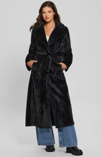 Guess Ada Faux Fur Long Coat In Jet Black