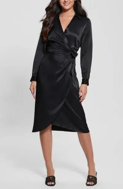 Guess Clara Long Sleeve Satin Wrap Dress In Jet Black A996