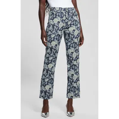 Guess Floral Jacquard Nonstretch Ankle Straight Leg Jeans In Indigo Rose Rapture