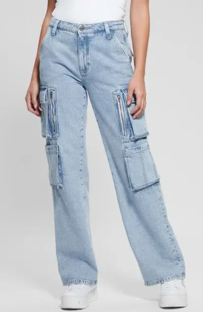 Guess Kori High Waist Nonstretch Denim Cargo Jeans In Day Dreamz