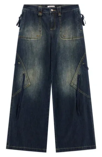 Guess Lace-up Wide Leg Cargo Jeans In Go Distressed Medium Wash