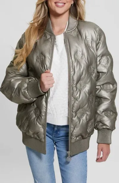 Guess Marianne Peony Metallic Faux Leather Quilted Bomber In Metallic Bronze Logo