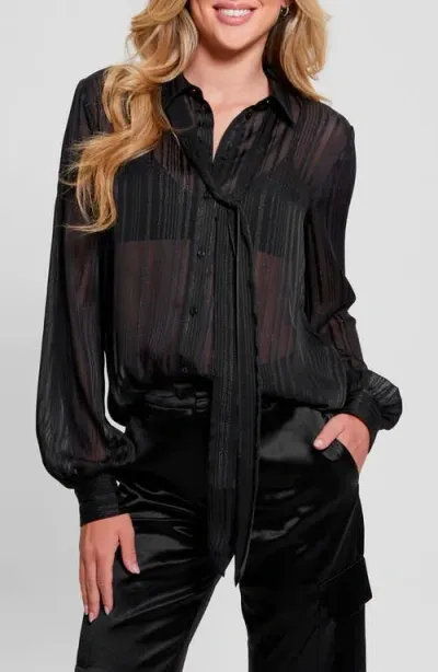 Guess Oriane Tie Neck Metallic Tonal Stripe Satin Button-up Shirt In Black