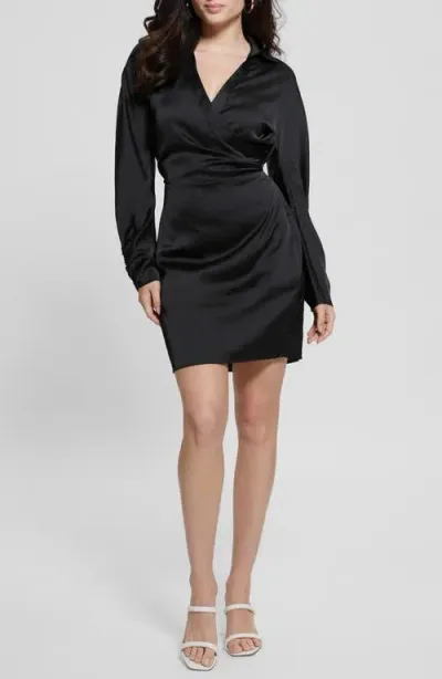 Guess Tanya Long Sleeve Satin Dress In Jet Black