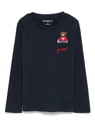 Guess Kids' Teddy Bear-embroidered T-shirt In Blue