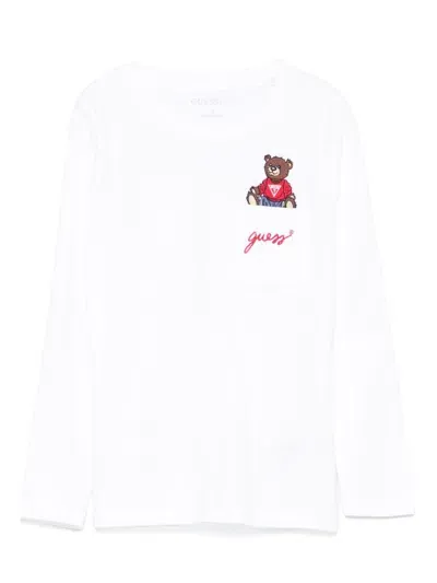 Guess Kids' Teddy Bear-embroidered T-shirt In White