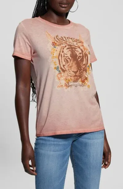 Guess Tiger God Burnout Graphic T-shirt In Satin Rose Multi