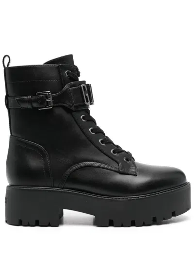 Guess Usa Madox Logo-plaque Boots In Black