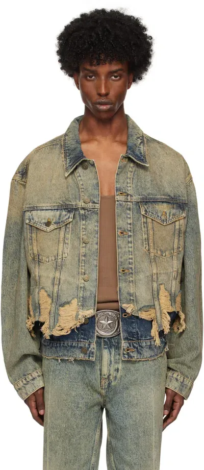 Guess Usa Blue Distressed Denim Jacket In Gusa Heavy Stained M