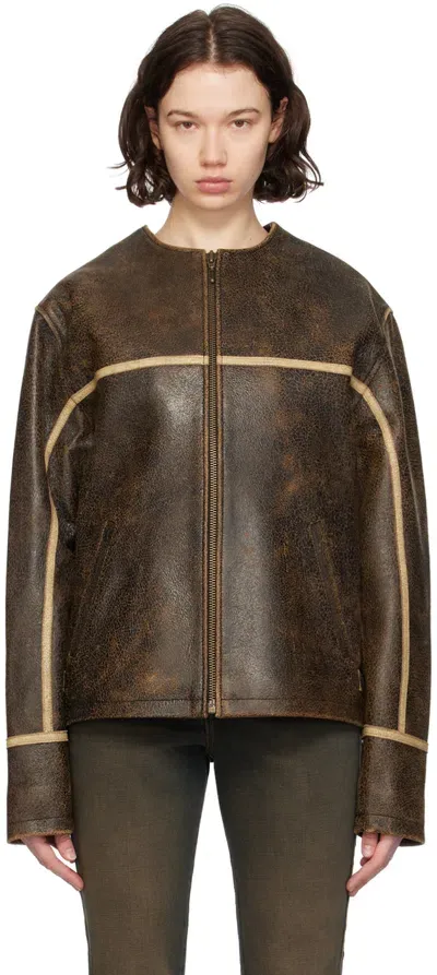 Guess Usa Brown Crackle Leather Jacket In A11a Amos Brown Mult