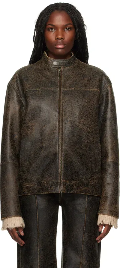 Guess Usa Brown Crackled Moto Leather Jacket In A11a Amos Brown Mult